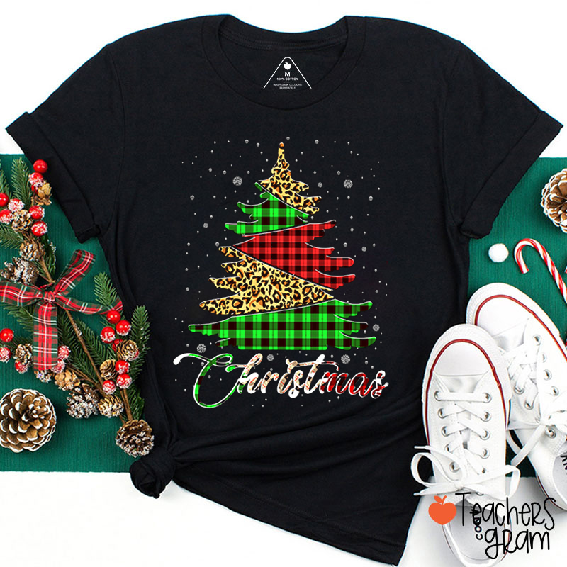 Leopard Plaid Christmas Tree Teacher T-Shirt