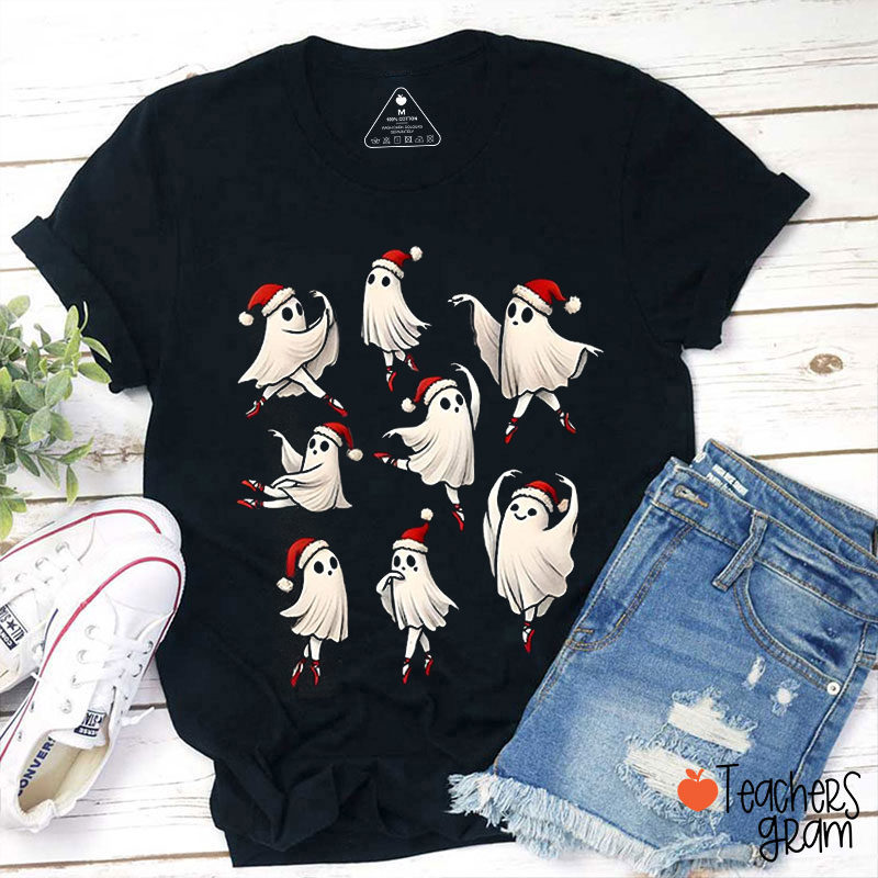 Dancing Ghost With Santa Hat Teacher T-Shirt