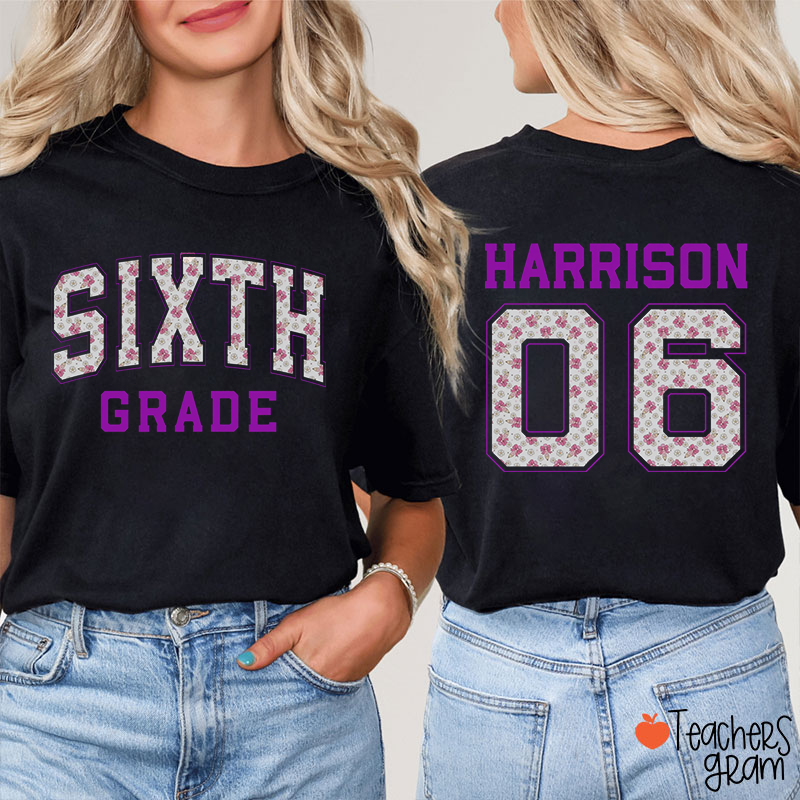 Personalized Grade Name Number Purple Floral Teacher Two Sided T-Shirt