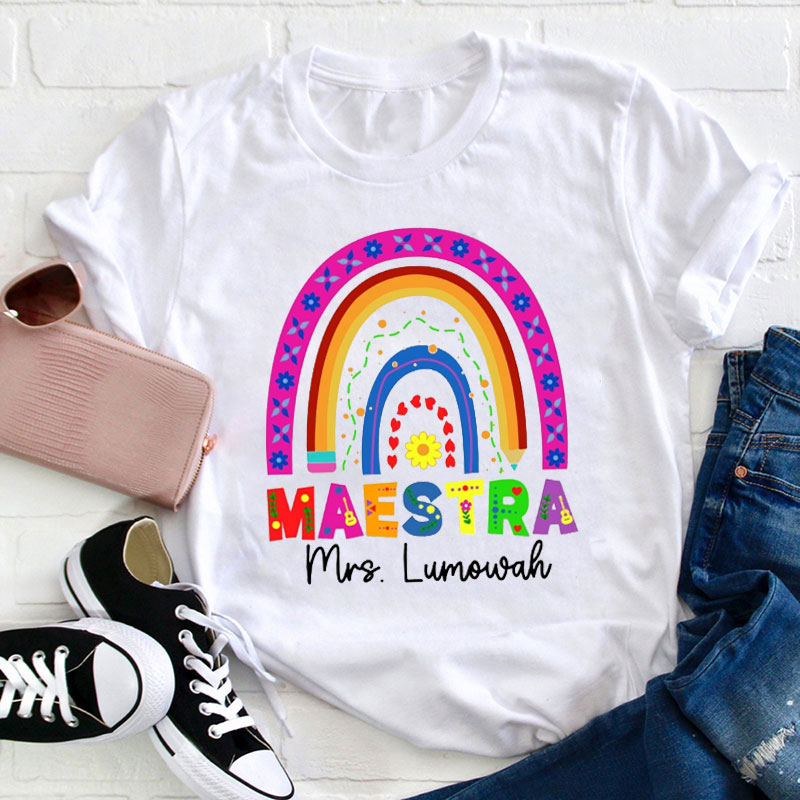 Personalized Floral Rainbow Maestra Teacher T-Shirt