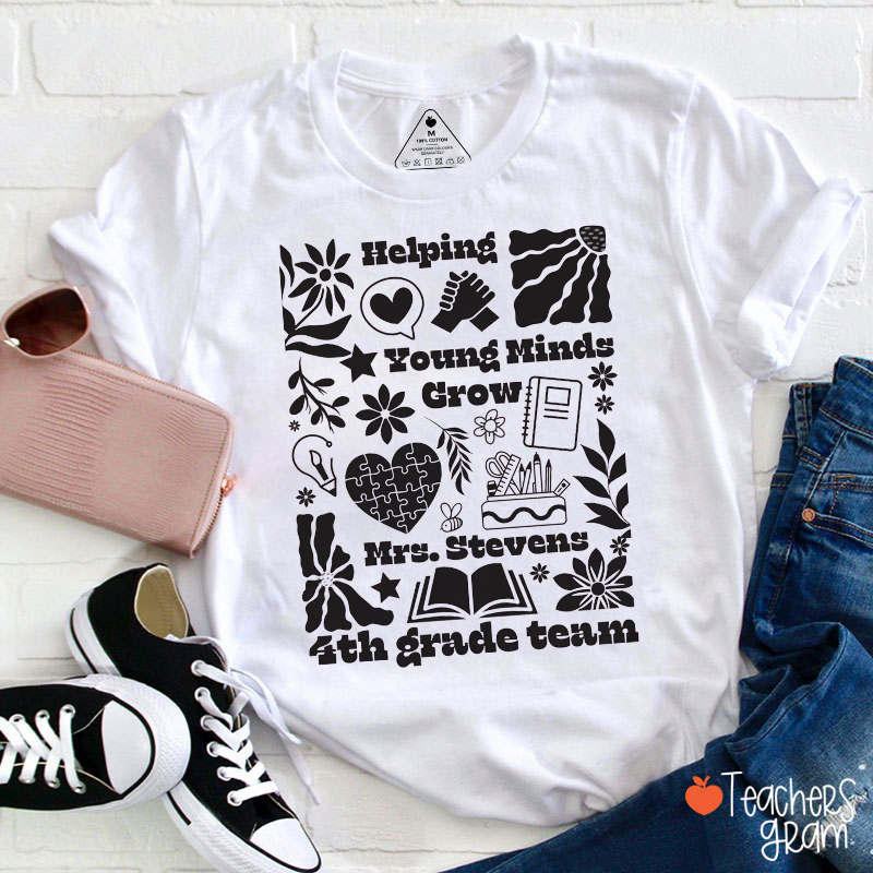 Personalized Grade Name Monochrome Sun Flower Heart Book Teacher T-Shirt