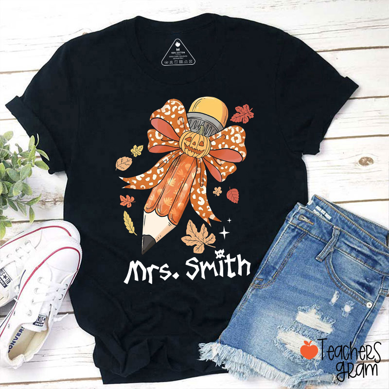 Personalized Name Scary Pumpkin Pencil Teacher T-Shirt