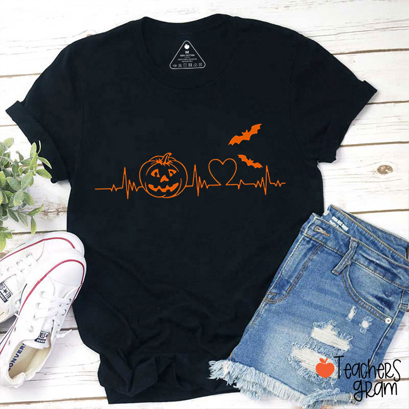 Bat Pumpkin Heartbeat Halloween Teacher T-Shirt
