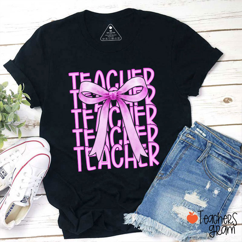 Pink Bow Stacked Arrangement Teacher T-Shirt