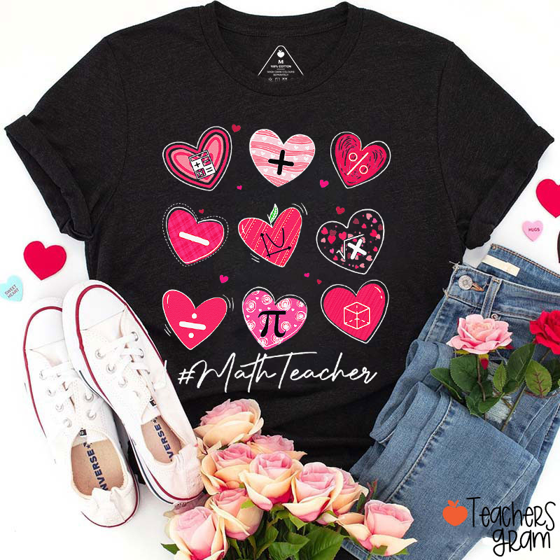 Pink Heart Math Symbols Teacher T-Shirt