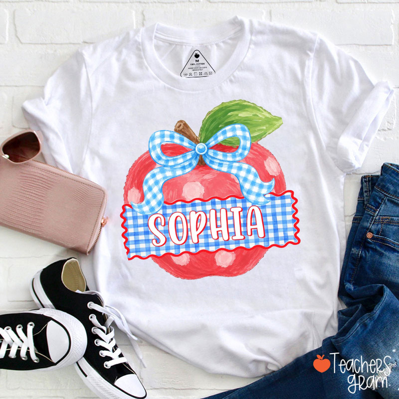 Personalized Name Coquette Bow Apple Teacher T-Shirt