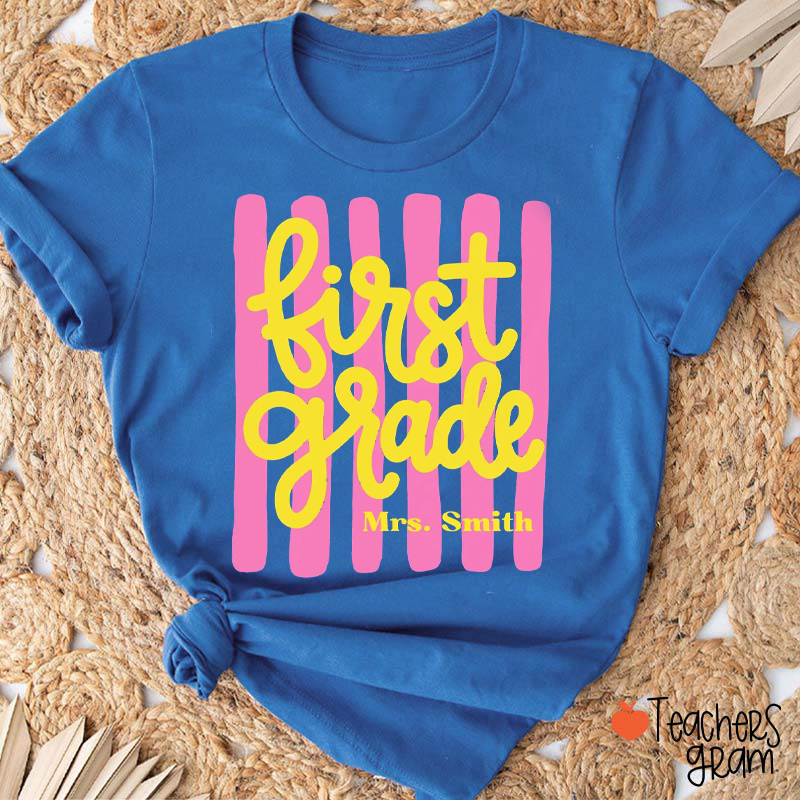 Personalized Name Grade Striped Cursive Teacher T-Shirt