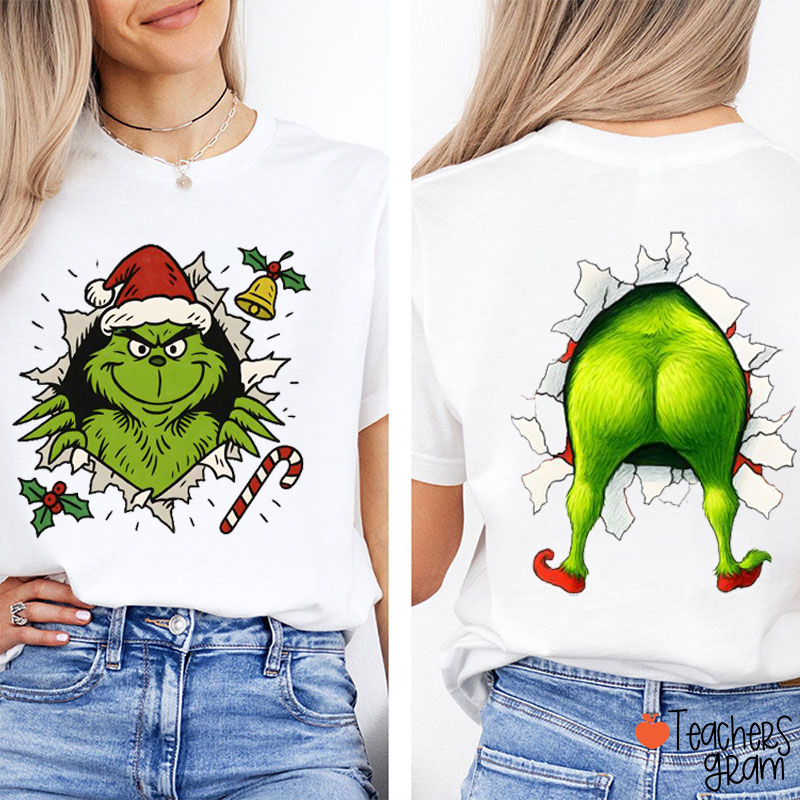 Funny Green Guy Christmas Teacher Two Sided T-Shirt