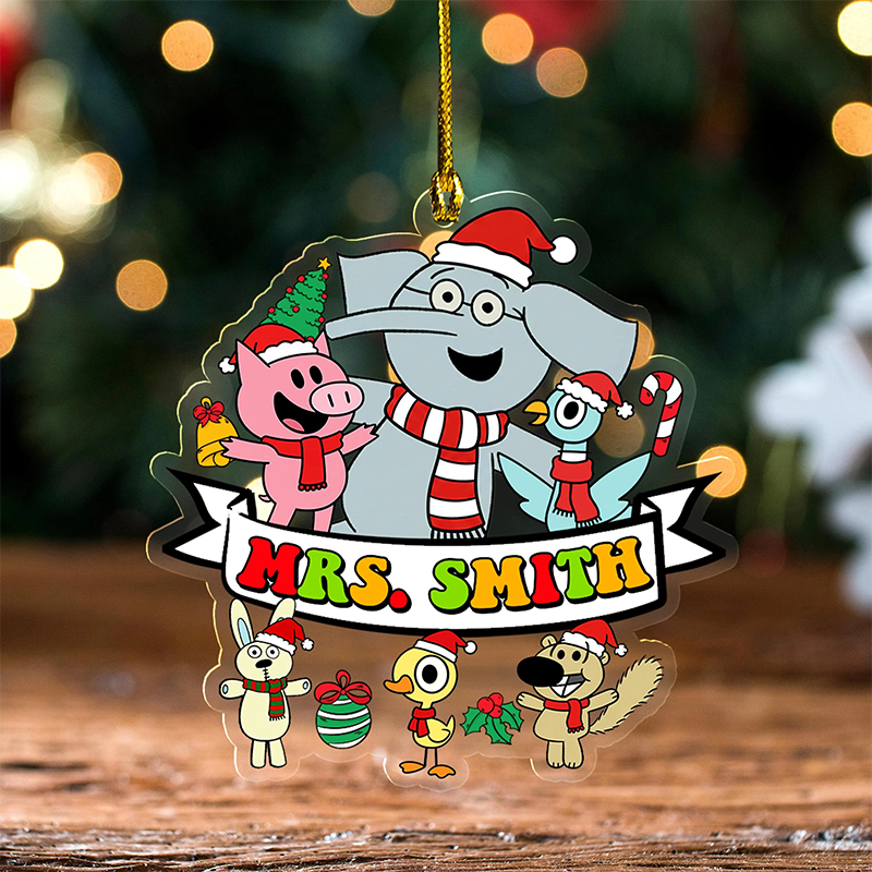 Personalized Name Elephant And Friends Teacher Ceramic Christmas Ornament