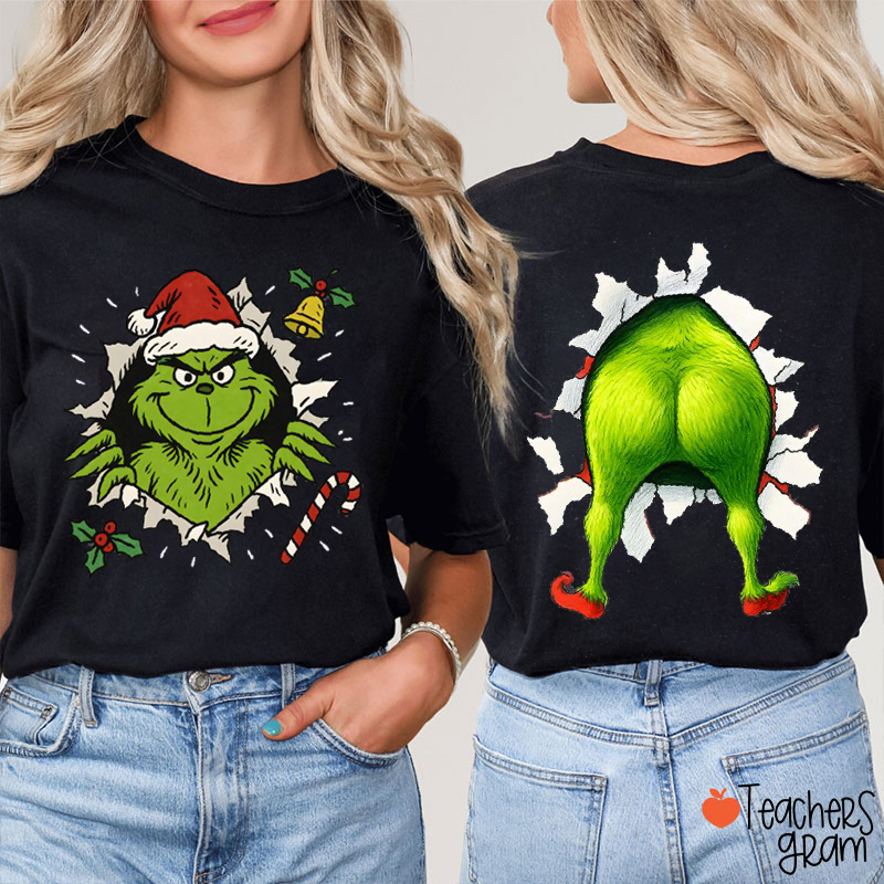 Funny Green Guy Christmas Teacher Two Sided T-Shirt