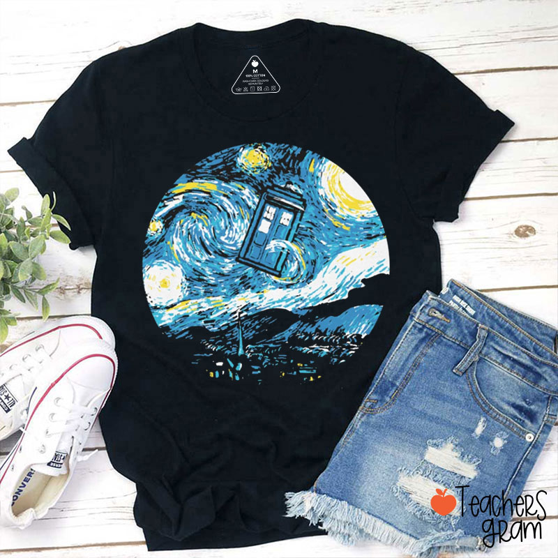 Starry Night Police Box Teacher T-Shirt