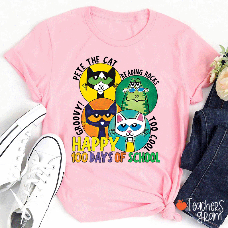 Pete The Cat Reading Rocks Groovy Too Cool Happy 100 Days Of School Teacher T-shirt