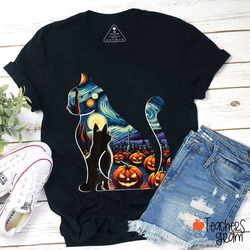 Black Cat Pumpkin Starry Sky Halloween Teacher T-Shirt