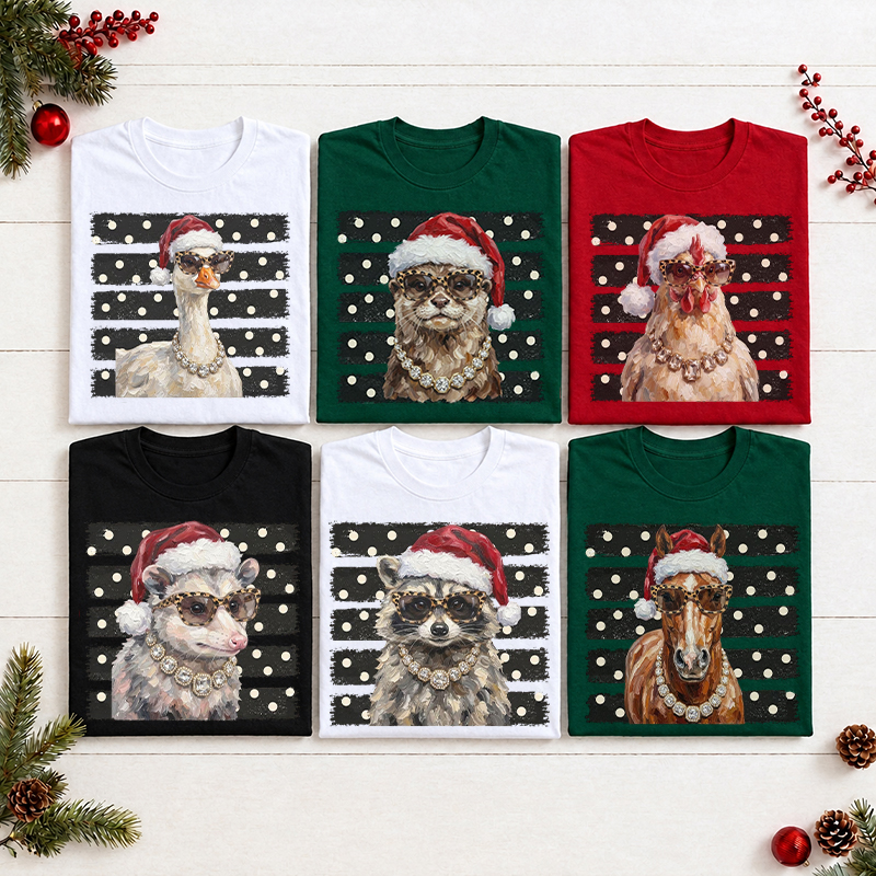 Personalized Sassy Christmas Animals With Santa Hats Teacher T-Shirt