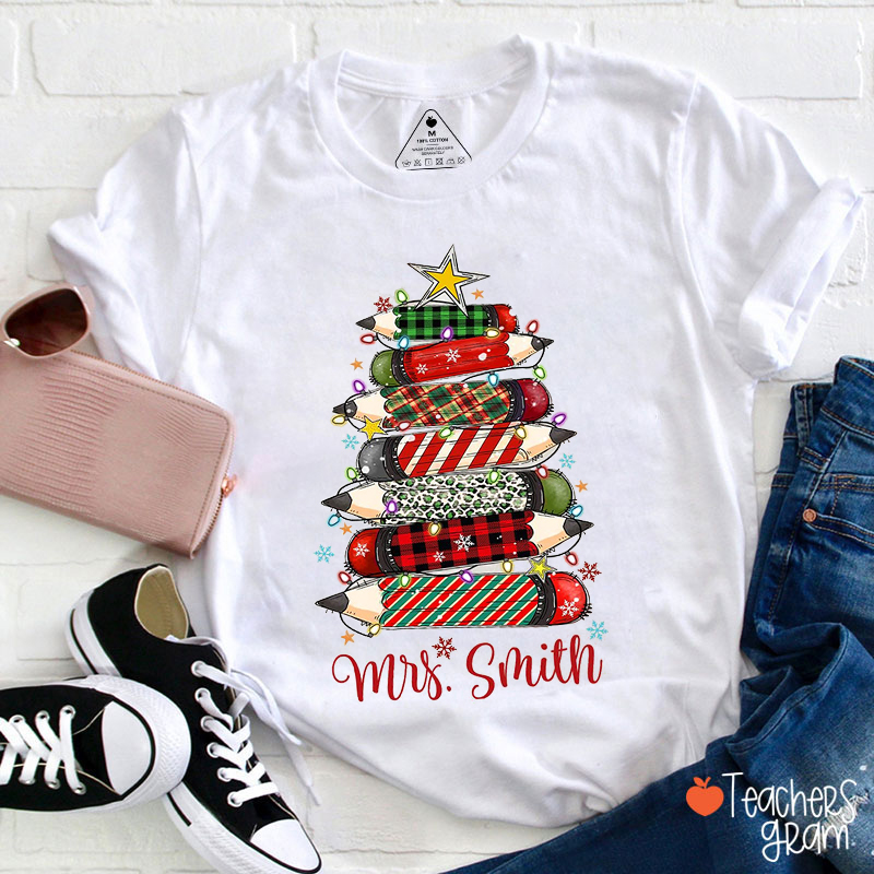 Colorful Pencil Christmas Tree Teacher T-Shirt