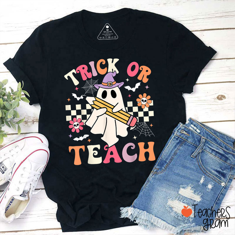 Trick Or Teach Checkered Ghost Teacher T-Shirt