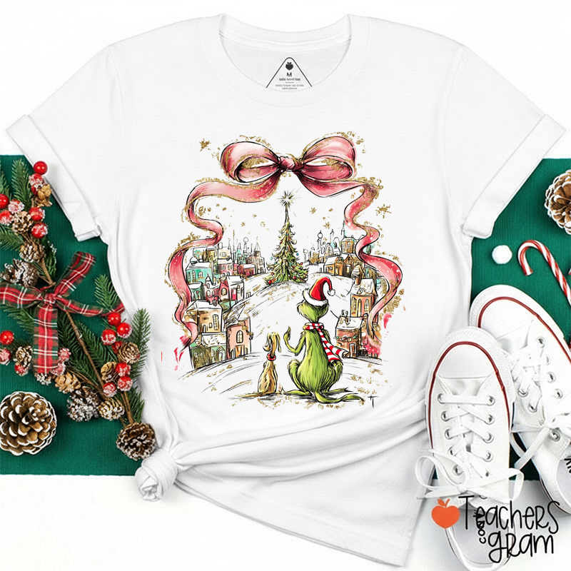 Coquette Preppy Christmas Teacher T-Shirt