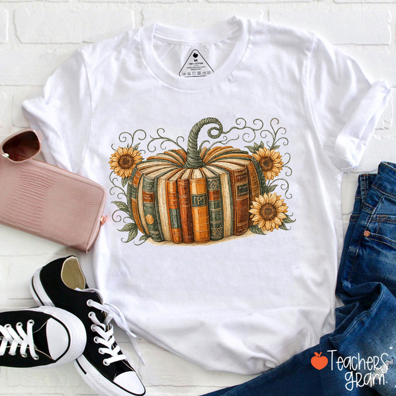 Flower Book Pumpkin Teacher T-Shirt