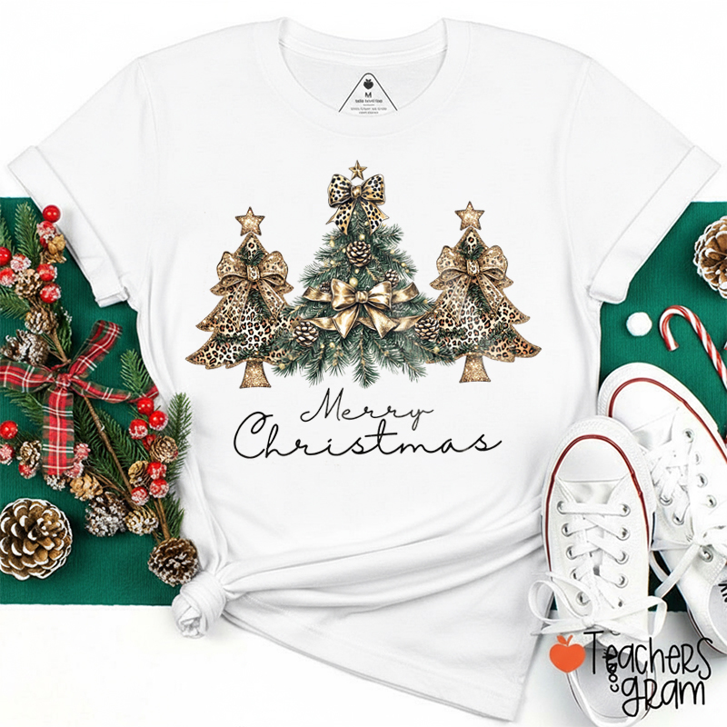 Coquette Bow Leopard Print Christmas Tree Teacher T-Shirt