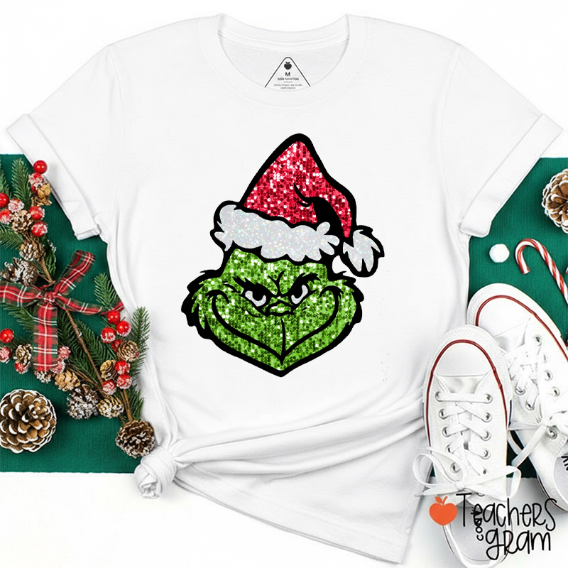 Glitter Green Guy Christmas Teacher T-Shirt