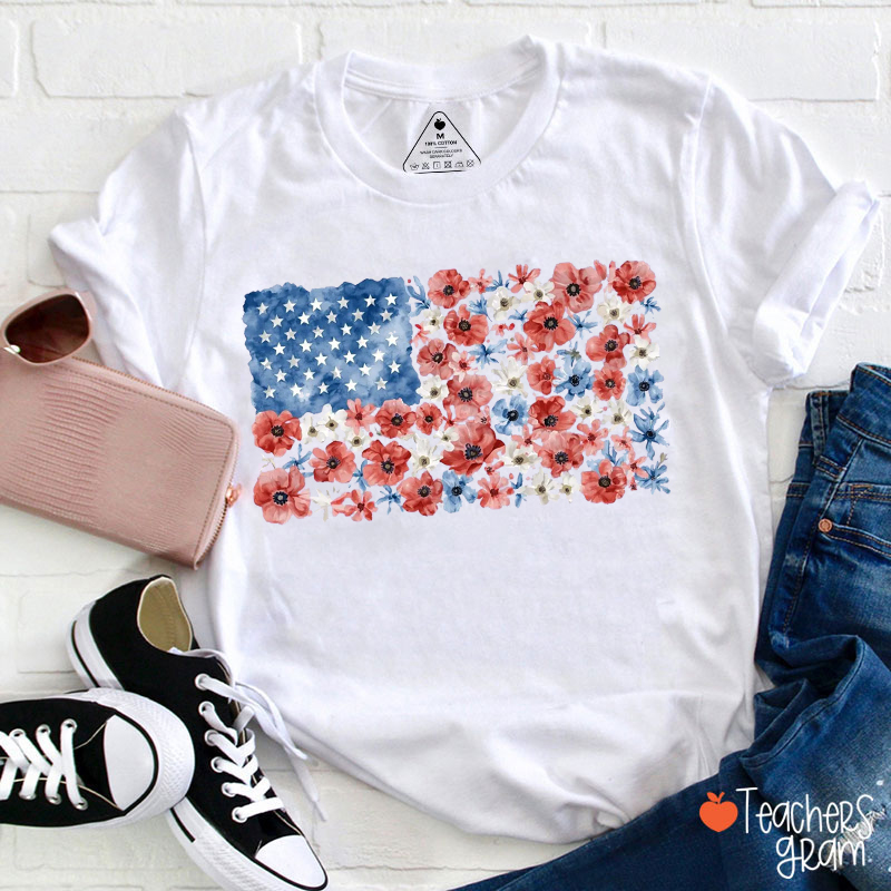 Vintage Floral USA Flag Teacher T-Shirt