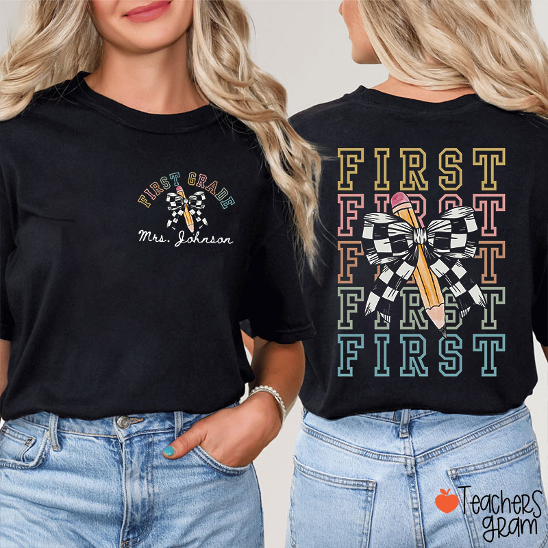 Personalized Checkerboard Butterfly Flowers Teacher Two Sided T-Shirt