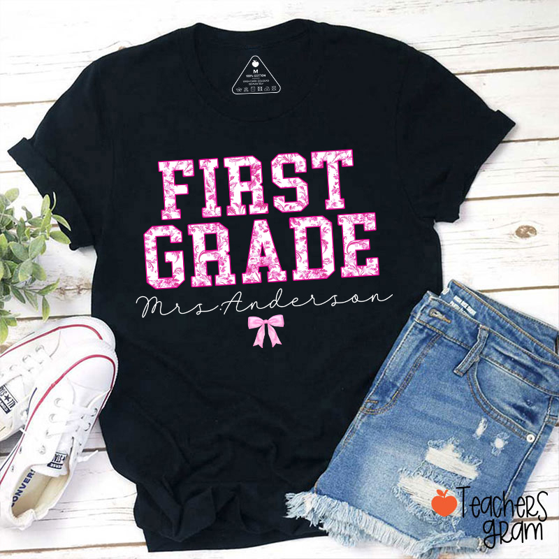 Personalized Grade And Name Pink Toile Teacher T-Shirt