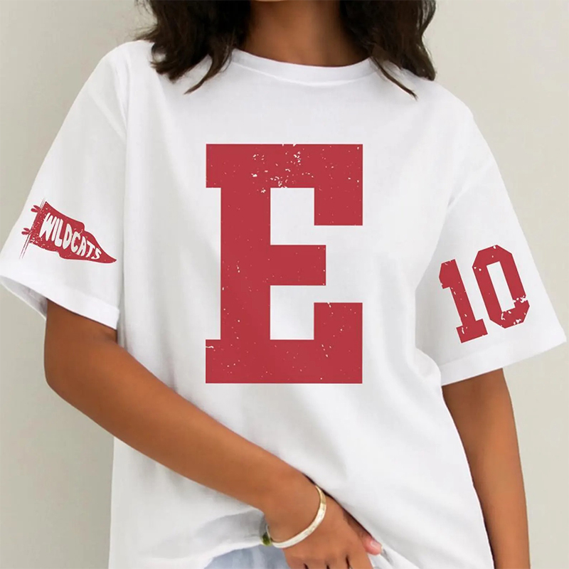 Personalized Varsity Letter Distressed Mascot Teacher Sleeve Print T-Shirt
