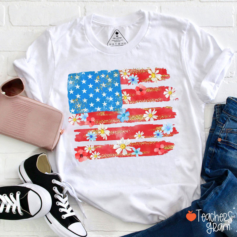 Flower American Flag Teacher T-Shirt