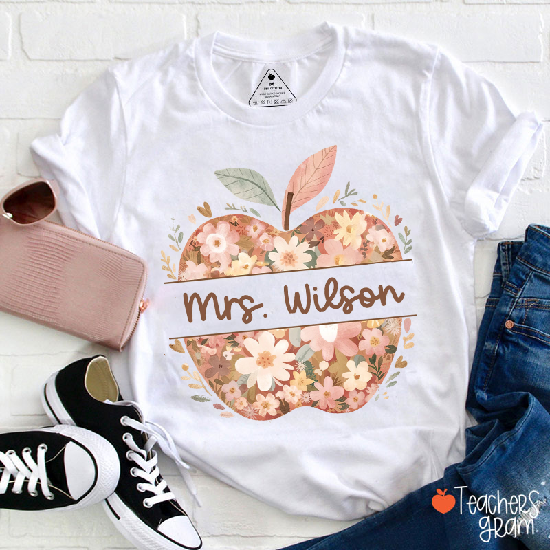 Personalized Flowers Apple And Name Teacher T-Shirt