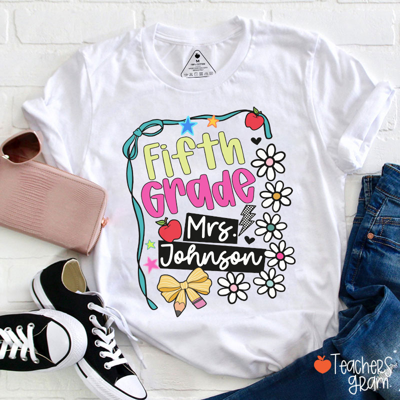 Personalized Grade Flower Bow Apple Pencil Star Teacher T-Shirt
