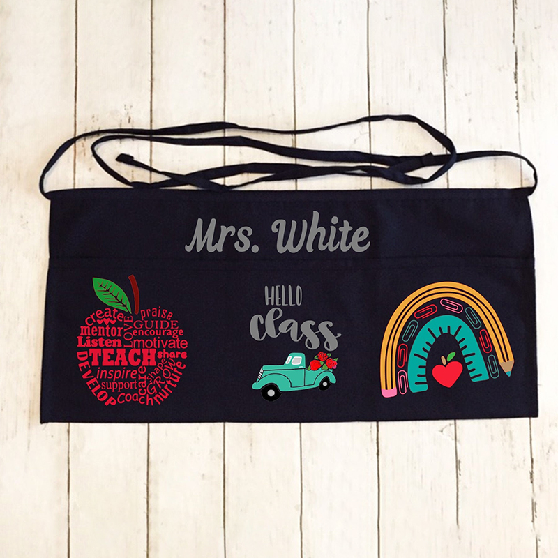 Personalized Apple Bus  Rainbow Teacher Apron With Pockets