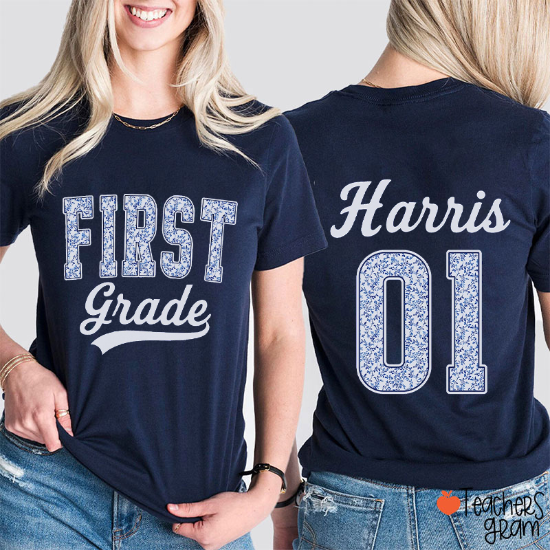 Personalized Grade Name Leopard Varsity Two Sided Teacher T-Shirt