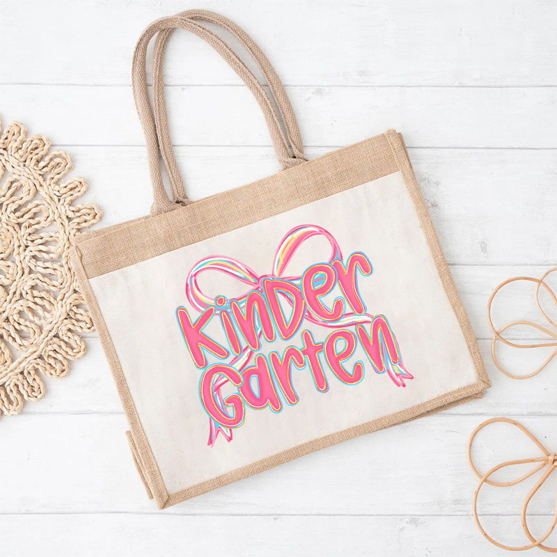 Personalized Grade Pink Bow Teacher Jute Lunch Bag