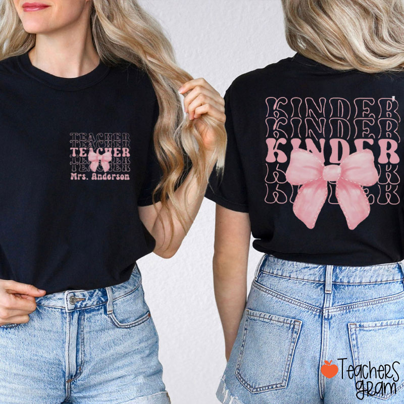 Personalized Cute Pink Bow Tie Teacher Two Sided T-Shirt