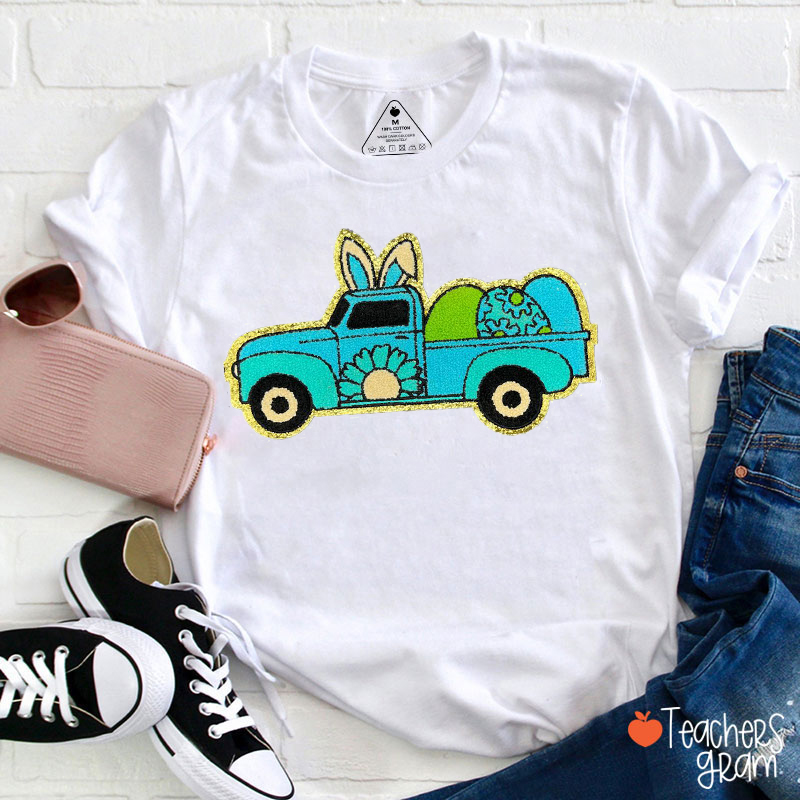 Rabbit Truck Delivering Eggs Teacher Patch T-Shirt