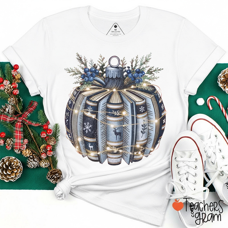 Book Pumpkin Christmas Ornament Teacher T-Shirt