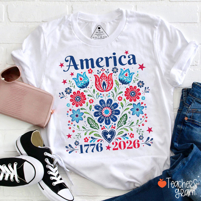 America 250 Floral Folk Art Teacher T-Shirt