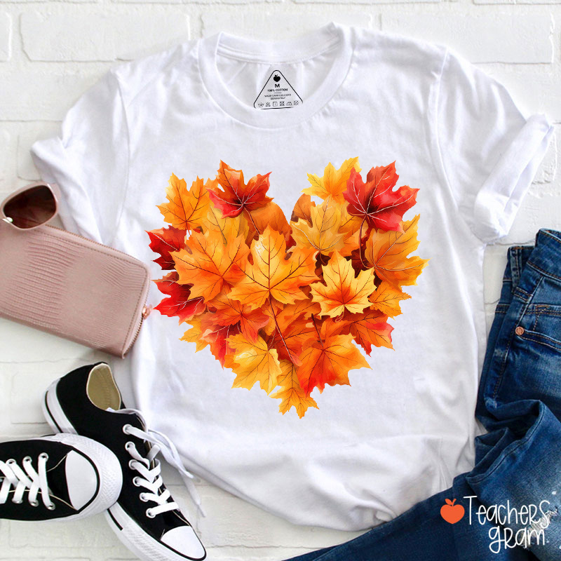 Heart Shaped Maple Leaf Fall Teacher T-Shirt