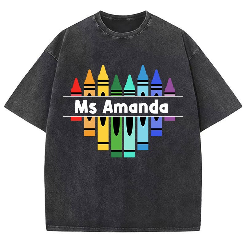 Personalized Name Colorful Crayons Teacher Washed T-Shirt