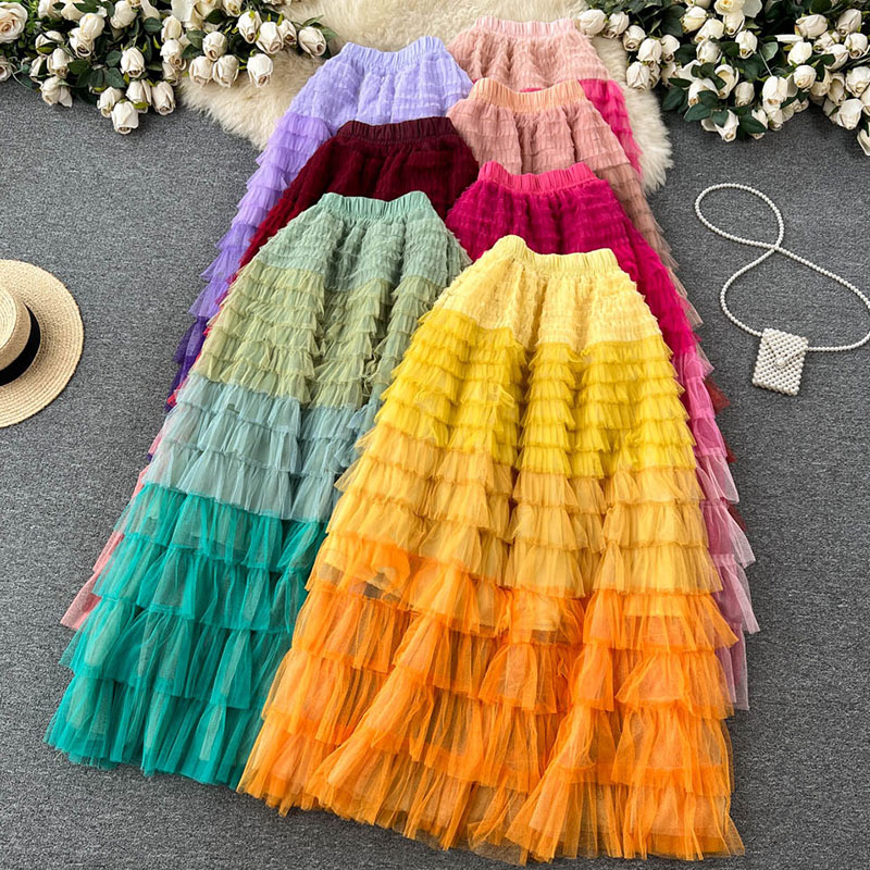Gradient Color Irregular Mesh Long Cake Skirt Dress