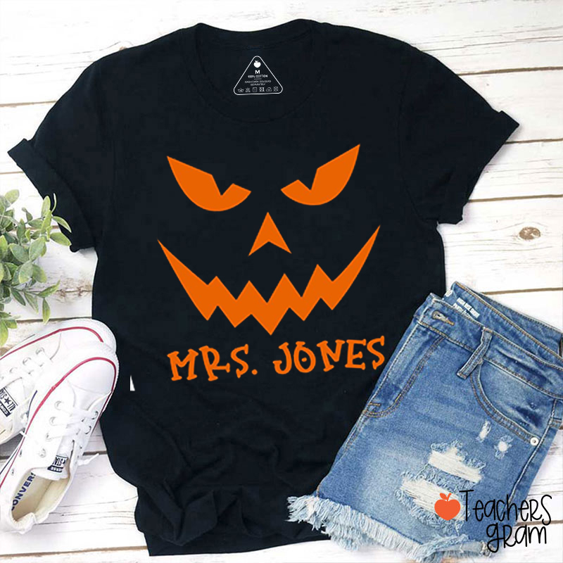 Personalized Name Pumpkin Face Teacher T-Shirt