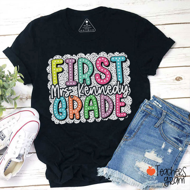 Personalized Neon Dot Grade And Name Teacher T-Shirt