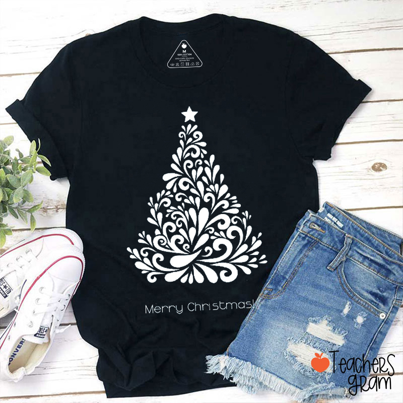 Merry Christmas Flower Pattern Christmas Tree Teacher T-Shirt