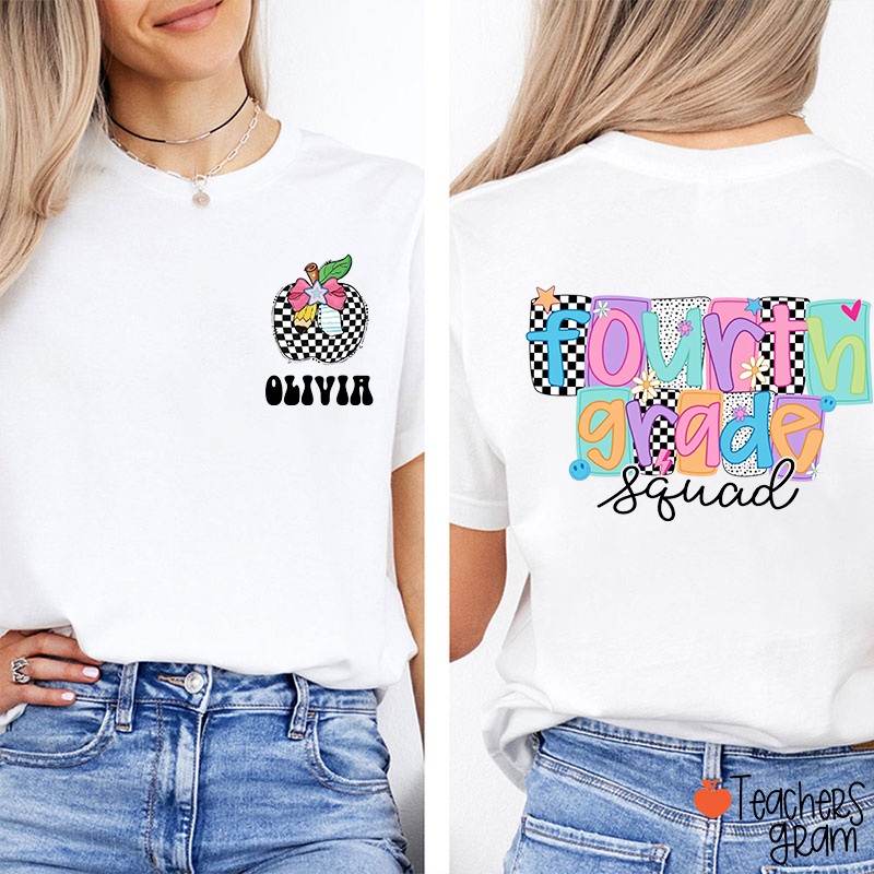 Personalized Grade Name Checkerboard Star Smiley Face Teacher Two Sided T-Shirt