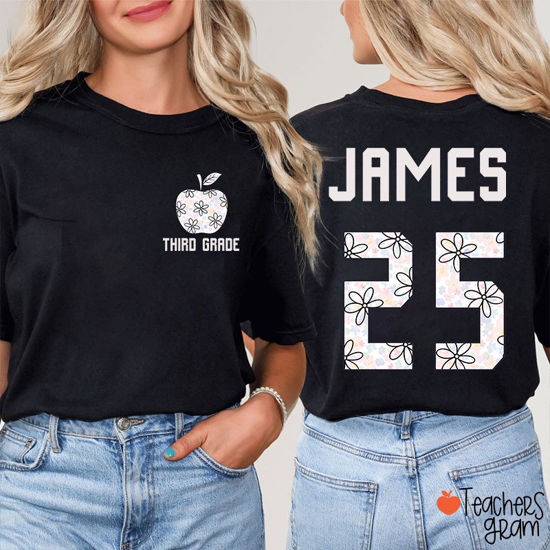 Personalized Grade Name Number Flower Apple Single Color Teacher Two Sided T-Shirt