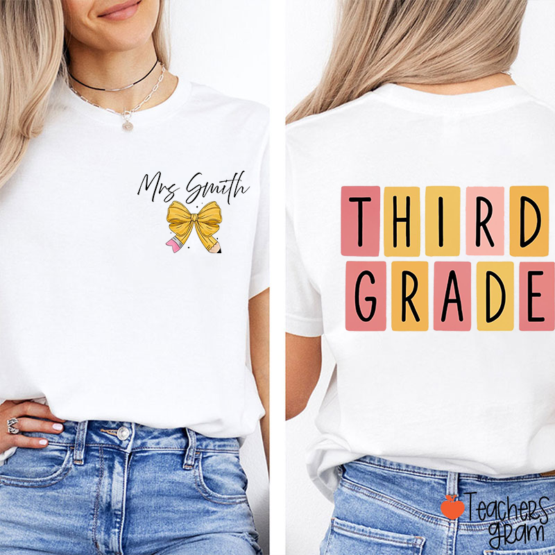 Personalized Grade Bow Pencil Rectangle Teacher Two Sided T-Shirt