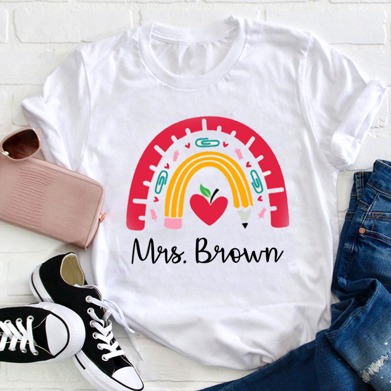 Personalized Pink Rainbow Pencil Paper Clip Teacher T-Shirt
