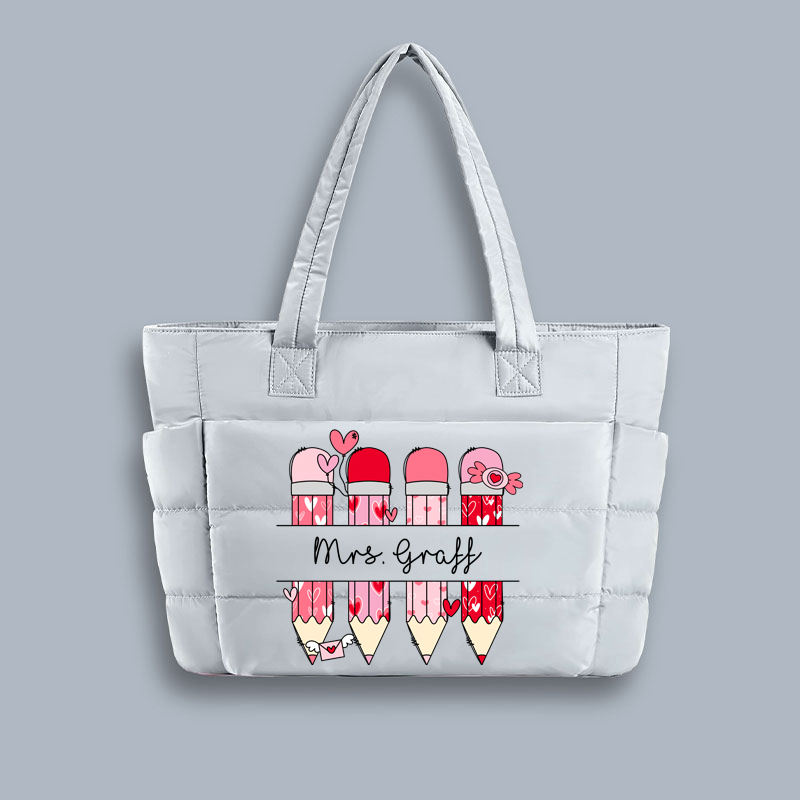 Personalized Pink Pencil Name Teacher Puffy Tote Bag