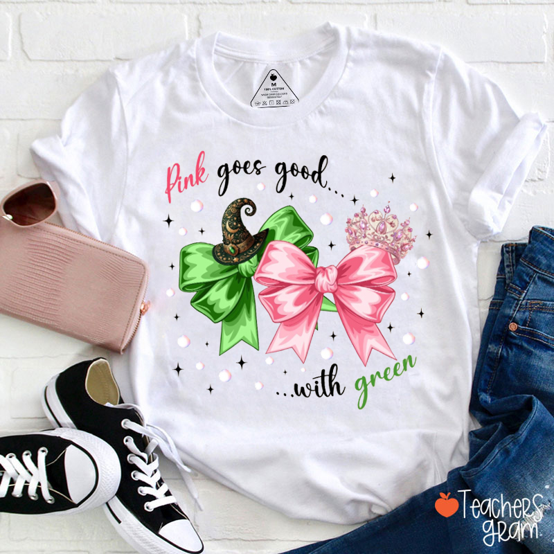 Pink Goes Good With Green Bow Tie Teacher T-Shirt